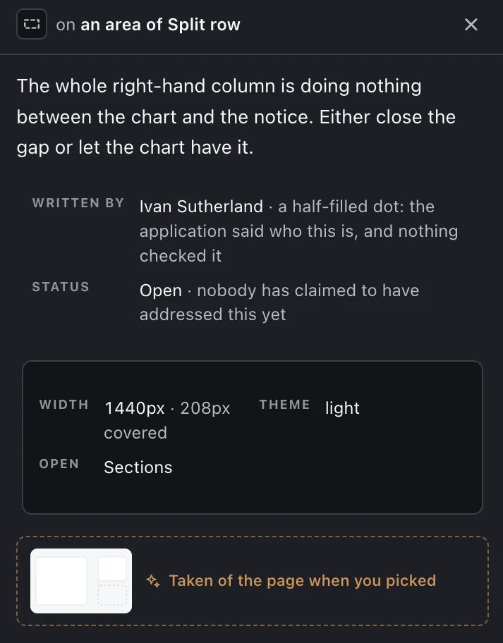 Maple's detail panel for one comment: the area of the page it was left on, what the reviewer wrote, who they are and how surely the application knows it, whether anyone has addressed it, the width and colour scheme they were looking at, and the screenshot taken when they picked.