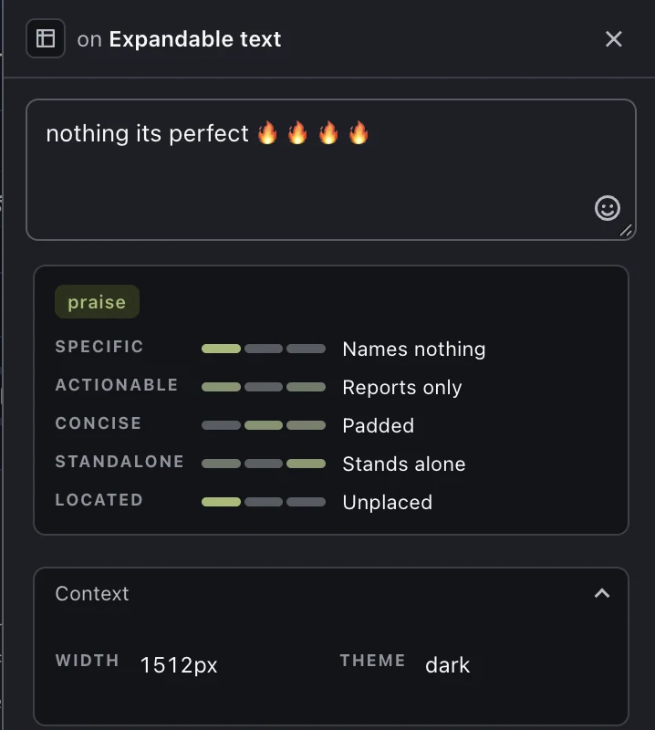 Maple's composer scoring a comment as it is typed: the comment reads 'nothing its perfect', tagged praise, and the five pillars rate it names nothing, reports only, padded, stands alone and unplaced.